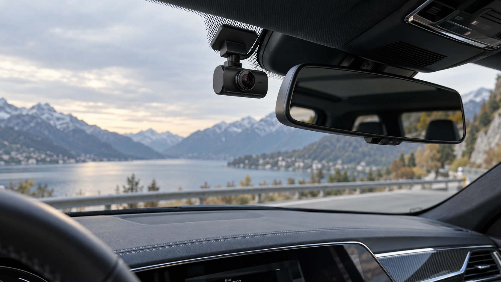 Illustrative Dashcam-Montage neben dem Innenspiegel